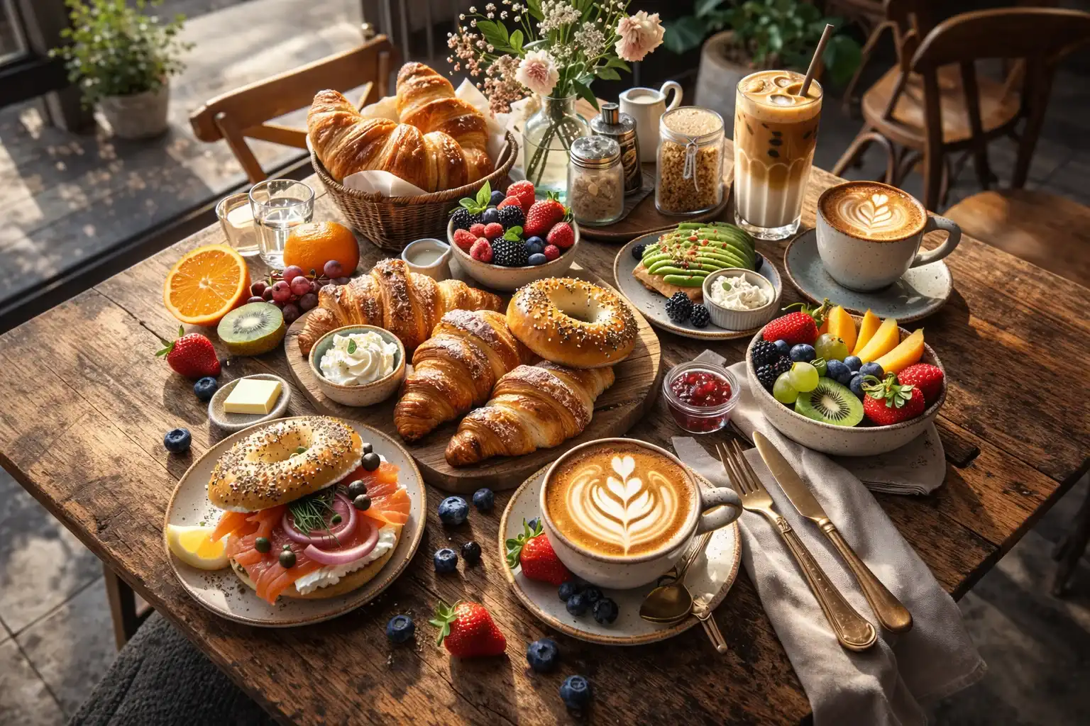 table with cafe food items